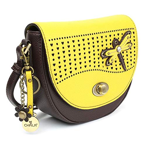 Chala Half Moon Organizer Crossbody Cell Phone Purse-Women Faux Leather Multicolor Handbag with Adjustable Strap - Dragonfly Mustard