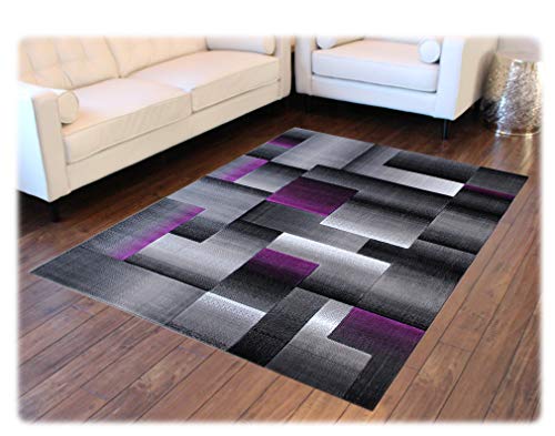 Masada Rugs, Modern Contemporary Area Rug, Purple Grey Black (5 Feet X 7 Feet)