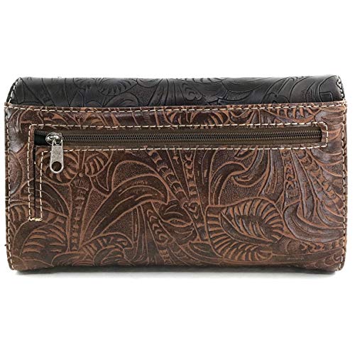 Zelris Floral Western Pu Tooled Leather Turquoise Concho Feathers Crossbody Trifold Wallet (Brown)