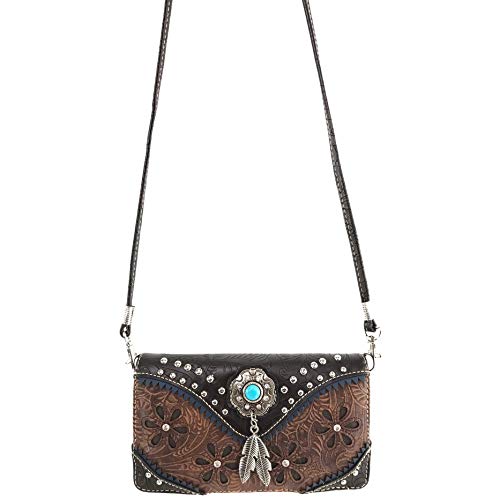 Zelris Floral Western Pu Tooled Leather Turquoise Concho Feathers Crossbody Trifold Wallet (Brown)