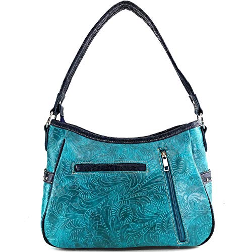 Zelris Floral Western Pu Tooled Leather Turquoise Concho Feathers Conceal Carry Women Hobo Purse Handbag (Turquoise)
