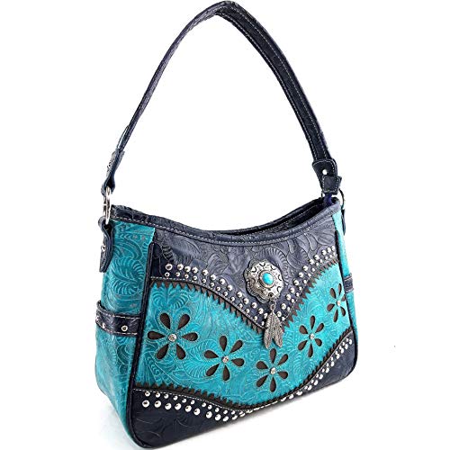 Zelris Floral Western Pu Tooled Leather Turquoise Concho Feathers Conceal Carry Women Hobo Purse Handbag (Turquoise)