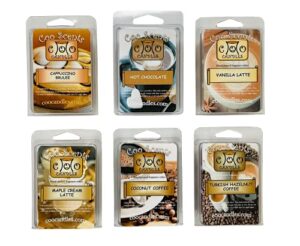 coo candles coffee house 6 pack soy blend candle wax bar melts – coconut coffee, maple cream latte, turkish hazelnut coffee, hot chocolate, vanilla latte, and cappuccino brulee