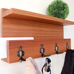 Natural Hardwood Shelf Home Decor - Handmade Entryway Organizer, Key Holder, or Coat Rack. #2 (Sapele)