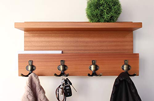 Natural Hardwood Shelf Home Decor - Handmade Entryway Organizer, Key Holder, or Coat Rack. #2 (Sapele)