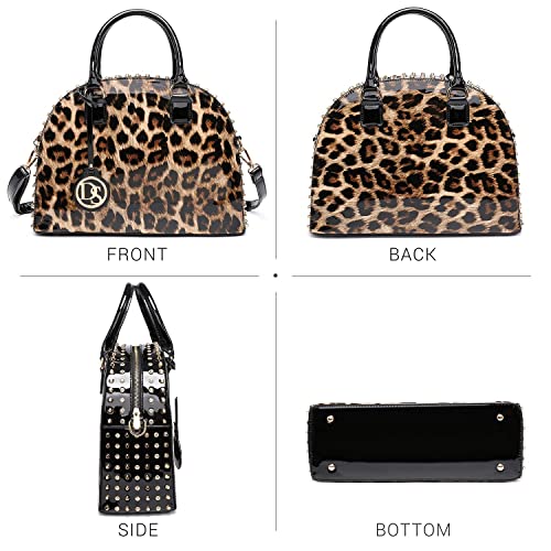 Dasein Women Patent Leather Purses Handbags Dome Satchel Purse Work Tote Structured Shoulder Bag with Long Strap (Leopard)