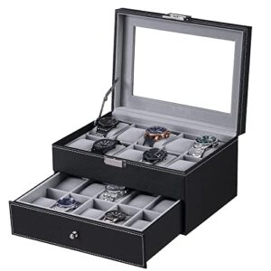 bewishome watch box organizer 20 men display storage case metal hinge black pu leather glass top large holder ssh04b