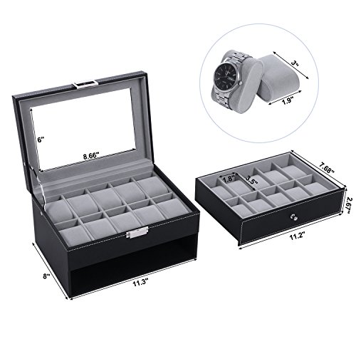 BEWISHOME Watch Box Organizer 20 Men Display Storage Case Metal Hinge Black PU Leather Glass Top Large Holder SSH04B