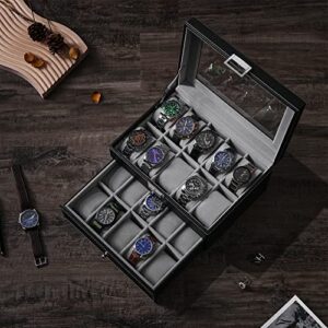 BEWISHOME Watch Box Organizer 20 Men Display Storage Case Metal Hinge Black PU Leather Glass Top Large Holder SSH04B