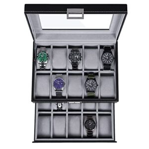 BEWISHOME Watch Box Organizer 20 Men Display Storage Case Metal Hinge Black PU Leather Glass Top Large Holder SSH04B