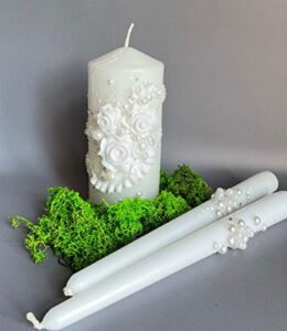 magik life unity candle set for wedding – wedding accessories for reception and ceremony – candle sets – 6 inch pillar and 2 10 inch tapers – decorative pillars white