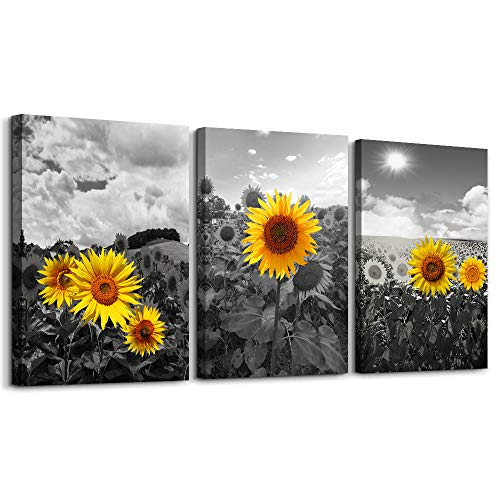 Canvas Wall Art For Living Room Family Wall Decor For Kitchen Black And White Pastoral Scenery Sunflower Flowers Bedroom Wall Painting Art Home Decoration Bathroom Wall Pictures Artwork 16x12 3 Piece