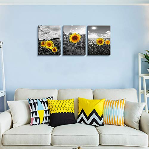 Canvas Wall Art For Living Room Family Wall Decor For Kitchen Black And White Pastoral Scenery Sunflower Flowers Bedroom Wall Painting Art Home Decoration Bathroom Wall Pictures Artwork 16x12 3 Piece
