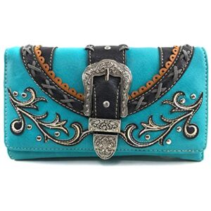 zelris western country floral buckle crossbody trifold wallet (turquoise)