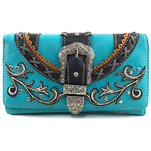 Zelris Western Country Floral Buckle Crossbody Trifold Wallet (Turquoise)