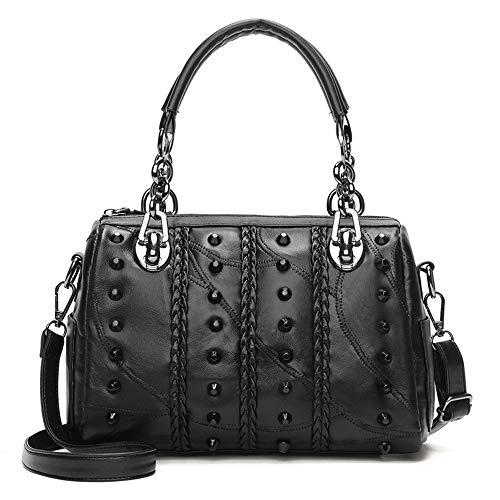 Andongnywell Women's Doctor Style Handbag Rivet Studded Crossbody Bags Top Handle Barrel Boston Bag Pu Leather Satchel Black