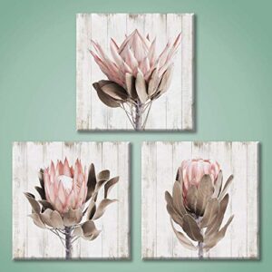 utop-art pink floral picture wall art: protea flowers artwork print on wooden textured canvas art for bathroom (12” x 12” x 3 panels)