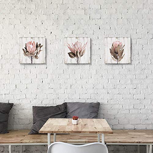 UTOP-art Pink Floral Picture Wall Art: Protea Flowers Artwork Print on Wooden Textured Canvas Art for Bathroom (12'' x 12'' x 3 Panels)