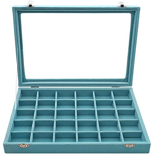 Sky Piea 30 Grid Velvet Glass Jewelry Box Jewellery Organiser Earring Ring Storage Holder Case Box (Sky Blue)