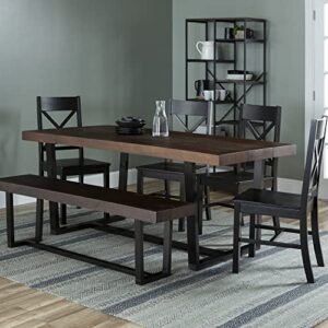 walker edison barnes 6-piece rustic metal and wood dining table with x-back chairs, set of 6, mahogany/black