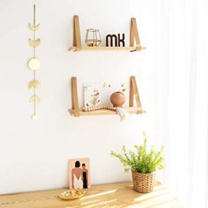 Mkono Hanging Shelf Wall Wood Floating Storage Shelves Leather Strap Swing Organizer for Nursery Bedroom Living Room Bathroom Dorm, Set of 2