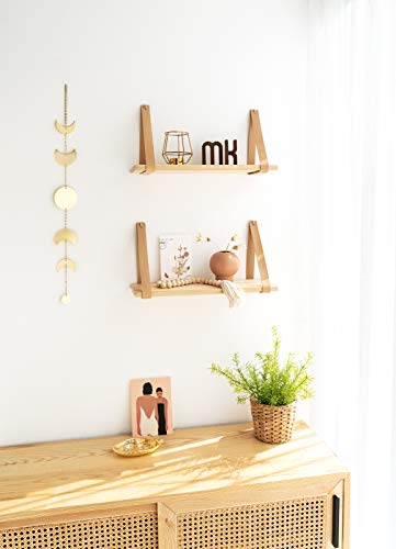 Mkono Hanging Shelf Wall Wood Floating Storage Shelves Leather Strap Swing Organizer for Nursery Bedroom Living Room Bathroom Dorm, Set of 2