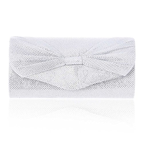 Damara Womens Medium Sparkly Bownot Front Party Clutch Purse,White