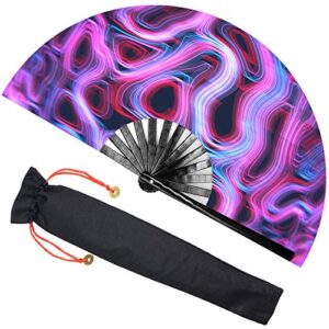 zolee large rave folding hand fan with bamboo ribs for men/women – chinese japanese handheld fan with fabric case – for dance music festival party, performance, decorations, gift (psychedelic)