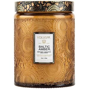 voluspa baltic amber candle | large glass jar | 18 oz | 100 hour burn time | all natural wicks and coconut wax for clean burning | vegan