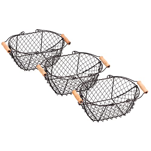 10" Oval Wire Basket with Wooden Handles - Vintage Style - By Trademark Innovations (Set of 3)