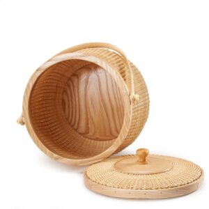 Teng Tian Natural ash wood and cane round Nantucket baskets with swing handle Removeable Lids Multi-purpose household storage box