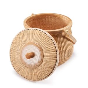 Teng Tian Natural ash wood and cane round Nantucket baskets with swing handle Removeable Lids Multi-purpose household storage box