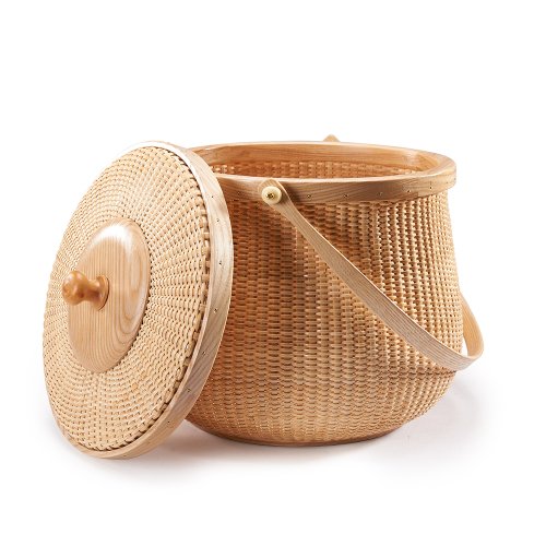 Teng Tian Natural ash wood and cane round Nantucket baskets with swing handle Removeable Lids Multi-purpose household storage box