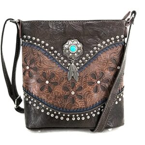 justin west turquoise stone concho feathers western tooled studs concealed carry handbag purse (brown messenger only)