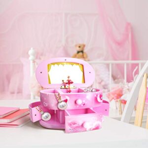 Qulable Musical Jewelry Box,Girl's Musical Jewelry Storage Box with Drawer and Dancing Ballerina Makeup Mirror Music Box Jewelry Storage Music Box for Kids Children (Pink)