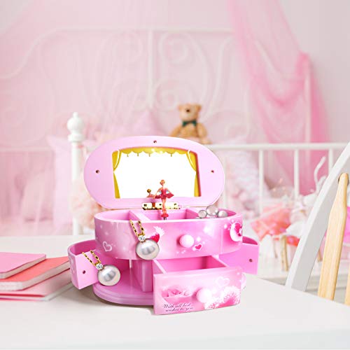 Qulable Musical Jewelry Box,Girl's Musical Jewelry Storage Box with Drawer and Dancing Ballerina Makeup Mirror Music Box Jewelry Storage Music Box for Kids Children (Pink)