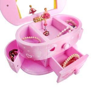 Qulable Musical Jewelry Box,Girl's Musical Jewelry Storage Box with Drawer and Dancing Ballerina Makeup Mirror Music Box Jewelry Storage Music Box for Kids Children (Pink)