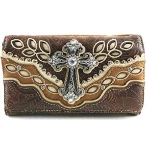 justin west tooled floral autumn leaf pattern laser cut rhinestone cross messenger bag purse with long crossbody strap (brown wallet)