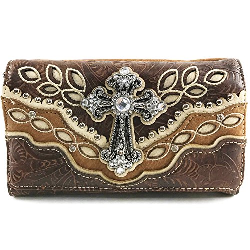 Justin West Tooled Floral Autumn Leaf Pattern Laser Cut Rhinestone Cross Messenger Bag Purse with Long Crossbody Strap (Brown Wallet)