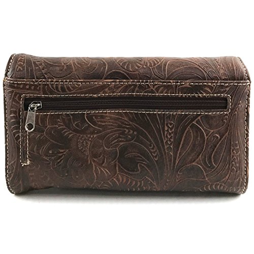 Justin West Tooled Floral Autumn Leaf Pattern Laser Cut Rhinestone Cross Messenger Bag Purse with Long Crossbody Strap (Brown Wallet)