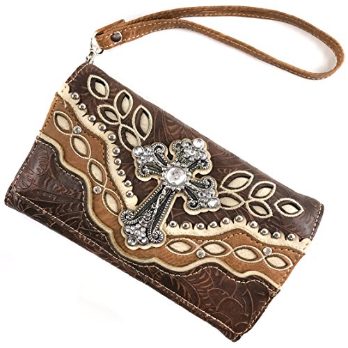 Justin West Tooled Floral Autumn Leaf Pattern Laser Cut Rhinestone Cross Messenger Bag Purse with Long Crossbody Strap (Brown Wallet)