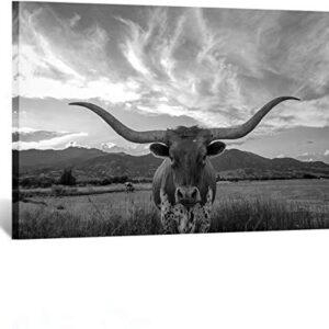 Kreative Arts Black and White Animal Canvas Wall Art Highland Cattle with Long Horns Picture Texas Longhorn in Sunset Farm Painting for Home Decor Modern Living Room Decorations Ready to Hang 24x36in