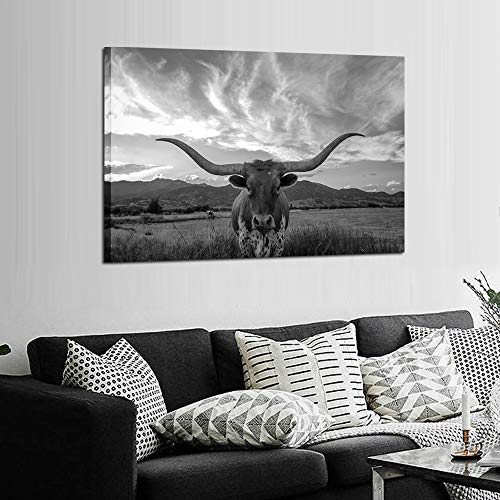 Kreative Arts Black and White Animal Canvas Wall Art Highland Cattle with Long Horns Picture Texas Longhorn in Sunset Farm Painting for Home Decor Modern Living Room Decorations Ready to Hang 24x36in