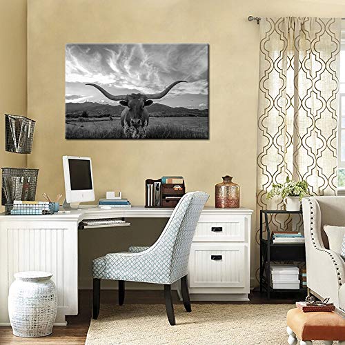 Kreative Arts Black and White Animal Canvas Wall Art Highland Cattle with Long Horns Picture Texas Longhorn in Sunset Farm Painting for Home Decor Modern Living Room Decorations Ready to Hang 24x36in