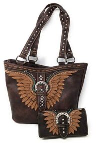 concealed carry hobo double flat strap purse wings buckle with matching wallet (dark brown)
