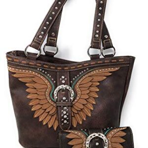 Concealed Carry Hobo Double Flat Strap Purse Wings Buckle with Matching Wallet (Dark Brown)