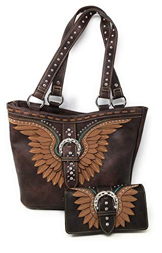 Concealed Carry Hobo Double Flat Strap Purse Wings Buckle with Matching Wallet (Dark Brown)