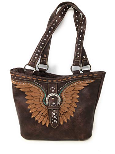 Concealed Carry Hobo Double Flat Strap Purse Wings Buckle with Matching Wallet (Dark Brown)