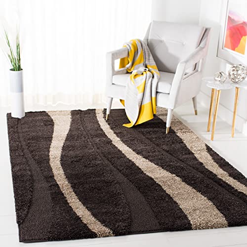 SAFAVIEH Florida Shag Collection 2'3" x 7' Cream / Dark Brown SG451 Abstract Stripe Non-Shedding Living Room Bedroom Dining Room Entryway Plush 1.2-inch Thick Runner Rug