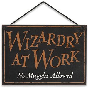 open road brands harry potter double sided hanging wood wall decor – wizards welcome, muggles tolerated and wizardry at work, no muggles allowed